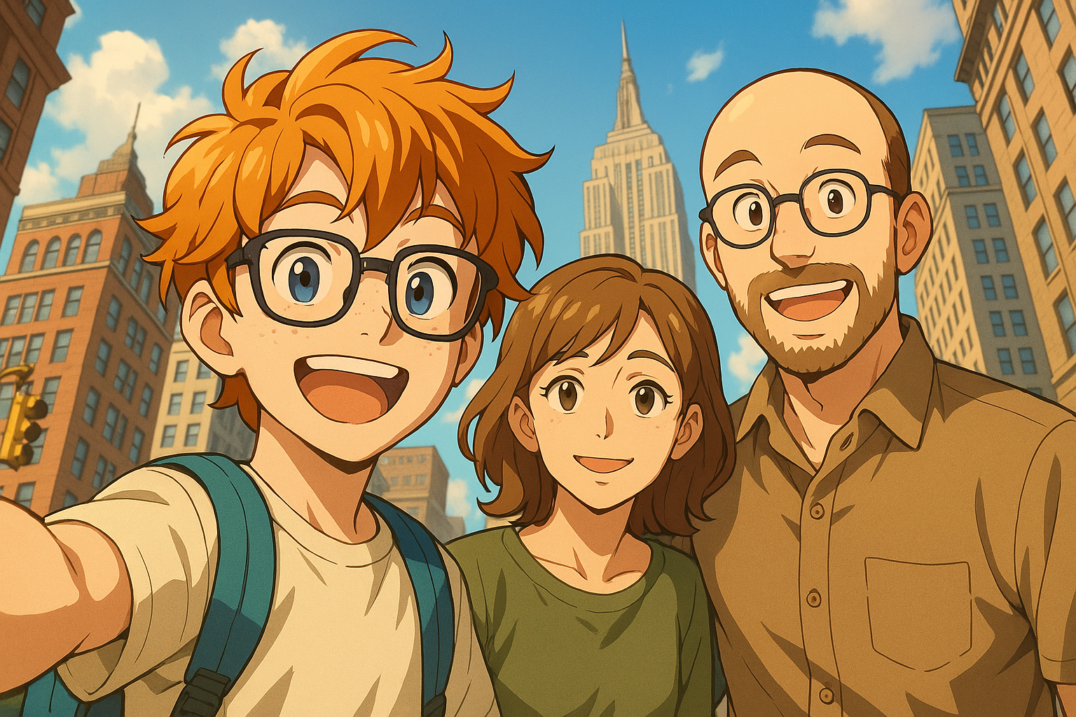 Family selfie in Manhattan with skyline in the background